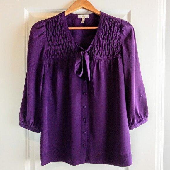 Joie Purple Silk Pintuck Chest Tie Neck Top - Picture 1 of 7